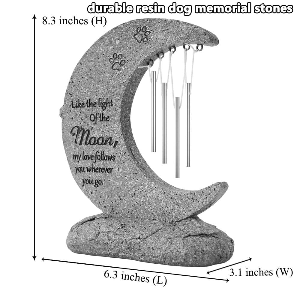 Moon Shaped Pet Memorial Stones for Dogs with Wind Chimes, Paw Prints Headsto…