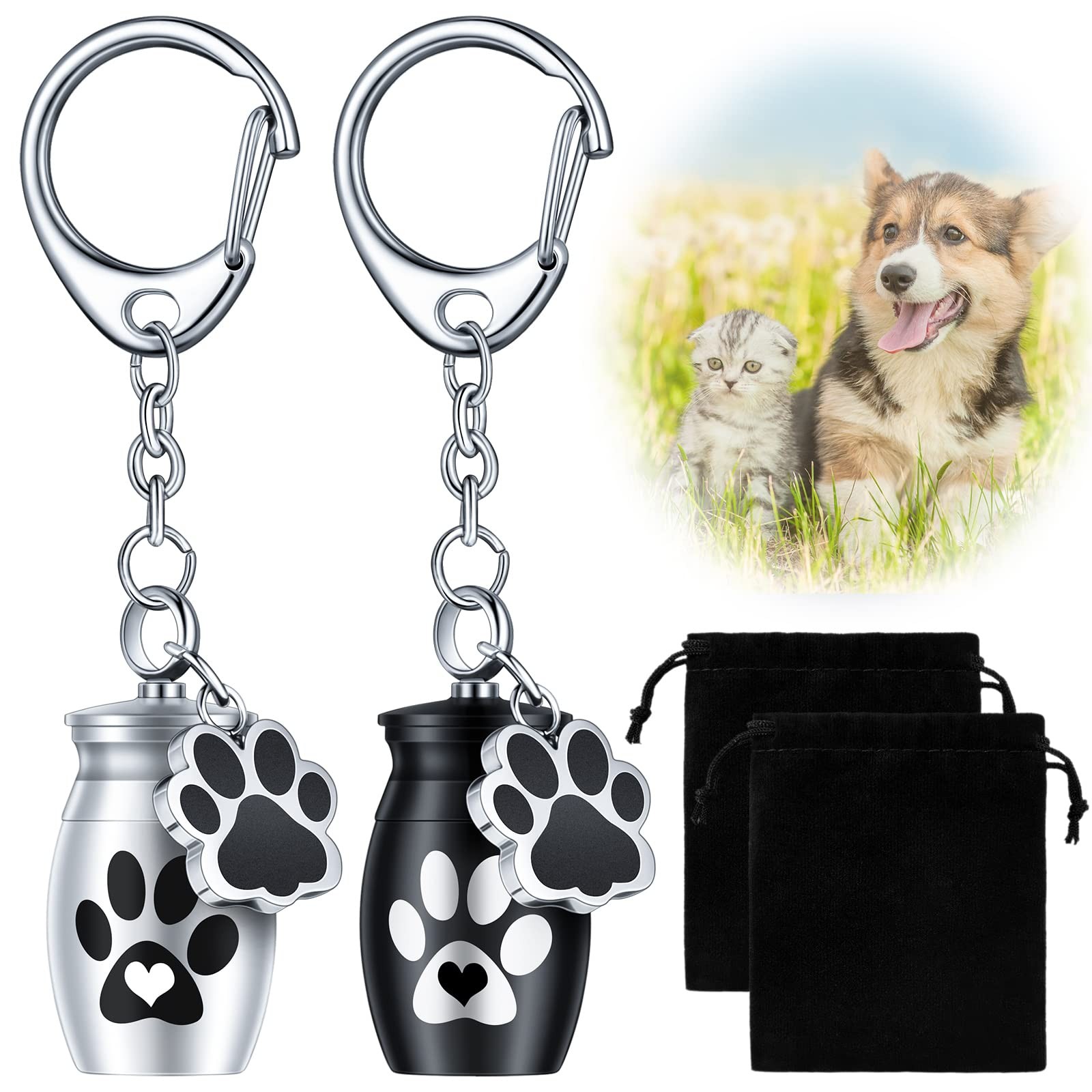 Tudomro 2 Pcs Pet Dog Urns Keychain for Ashes with 2 Storage Bags Cute Style