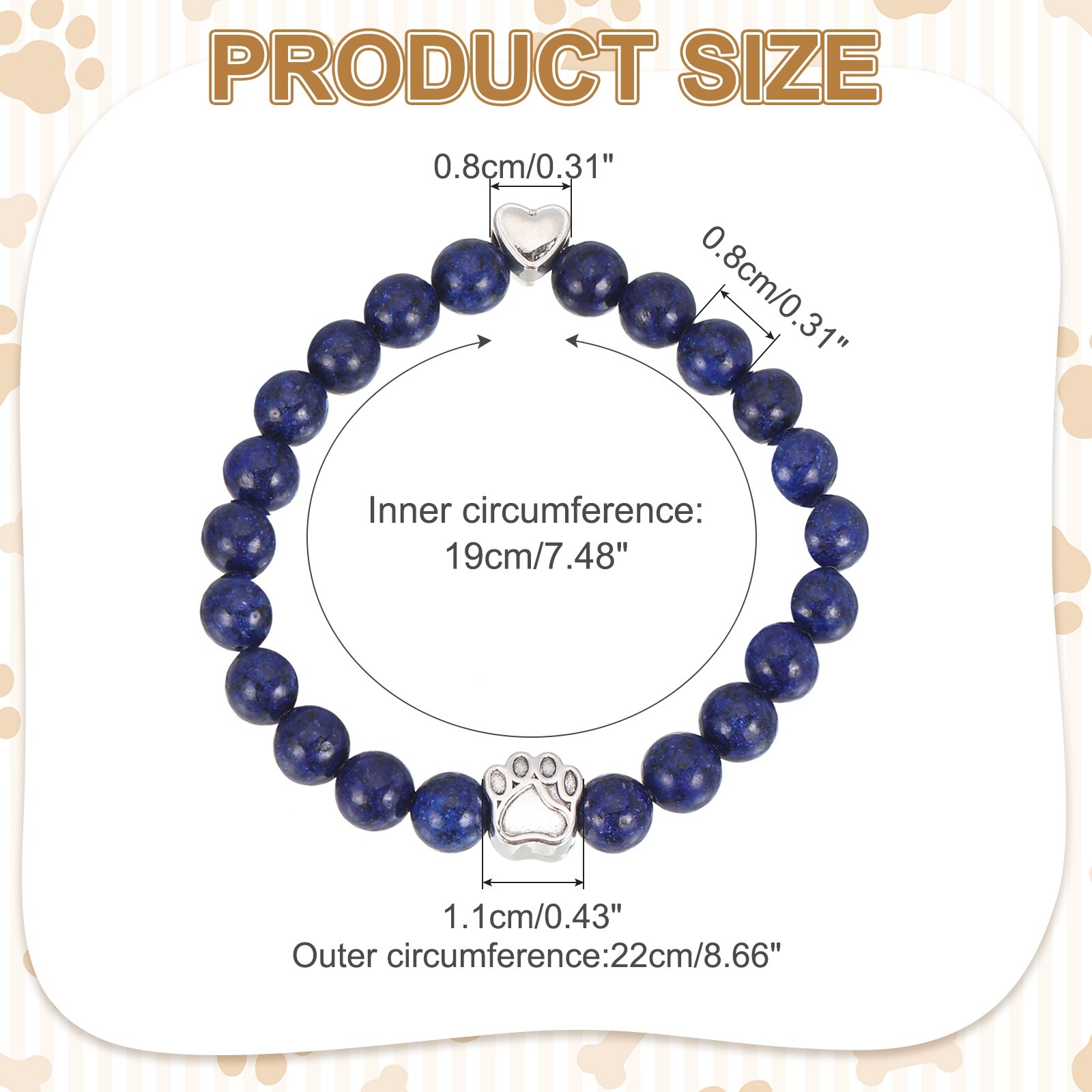 Stone Paw Bracelet,Heart Paw Print Dog Mom Memorial Bracelet,Dark Blue