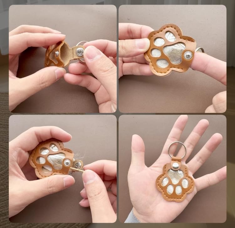 Pet Hair Keepsake Keychain – Memorial Gift for Cat & Dog, Cute Leather Paw