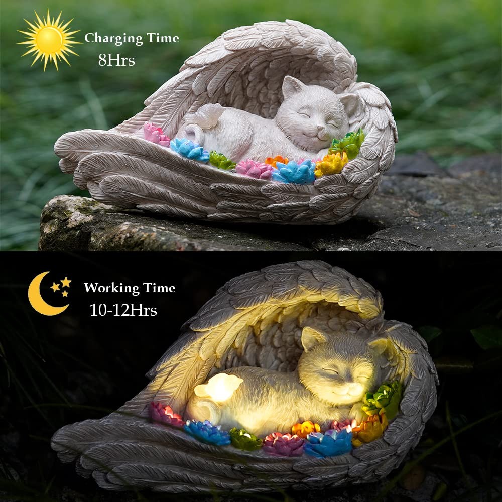 VKEVOC Cat Memorial Stone,Solar Angel Cat Statue Figurine – Pet Memorial Ston…