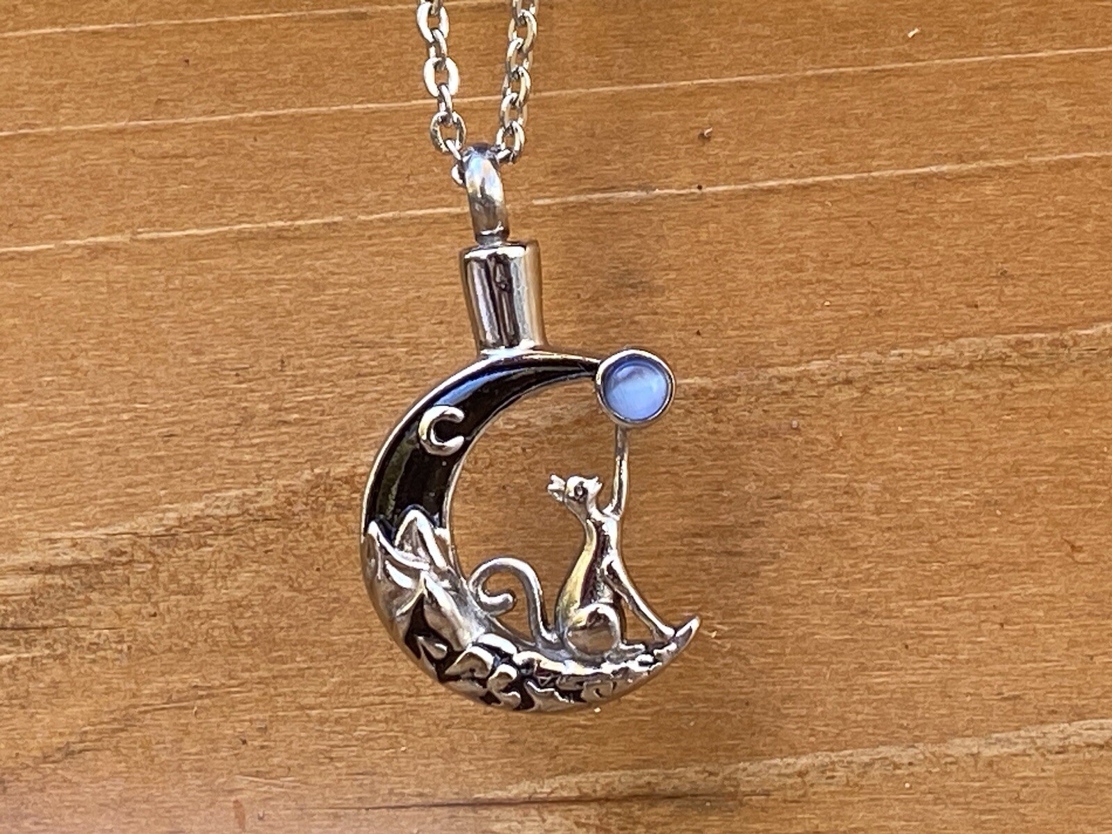 Cat Moon Stone Cremation Necklace Holds Ashes Urn Pendant Jewelry Gift Kitty Lov