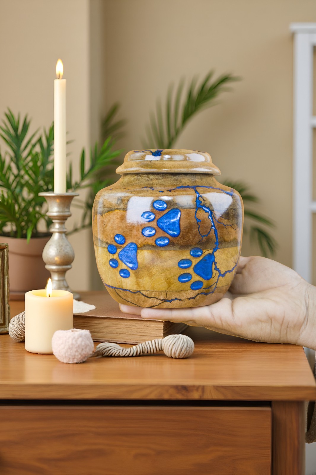Pet Cremation Urn with Blue Paw Prints – Handcrafted Decorative Urn for Dog