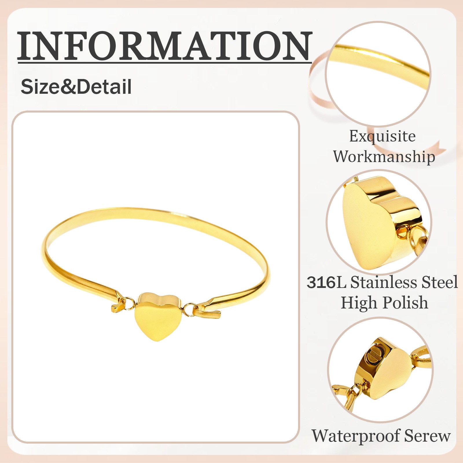 Heart Urn Bracelet For Cats&Dogs Ashes Stainless Steel Waterproof(Gold)