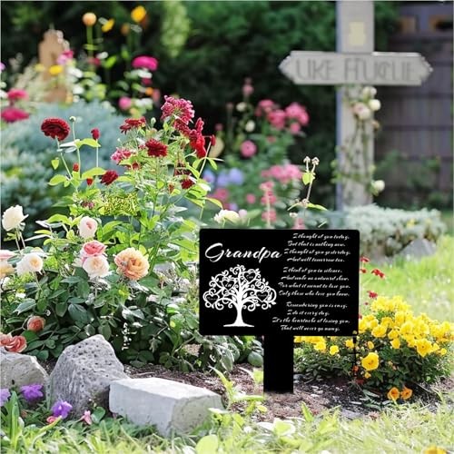 Memorial Metal Grave Marker, Waterproof Cemetery Decorations with Cross Grandpa