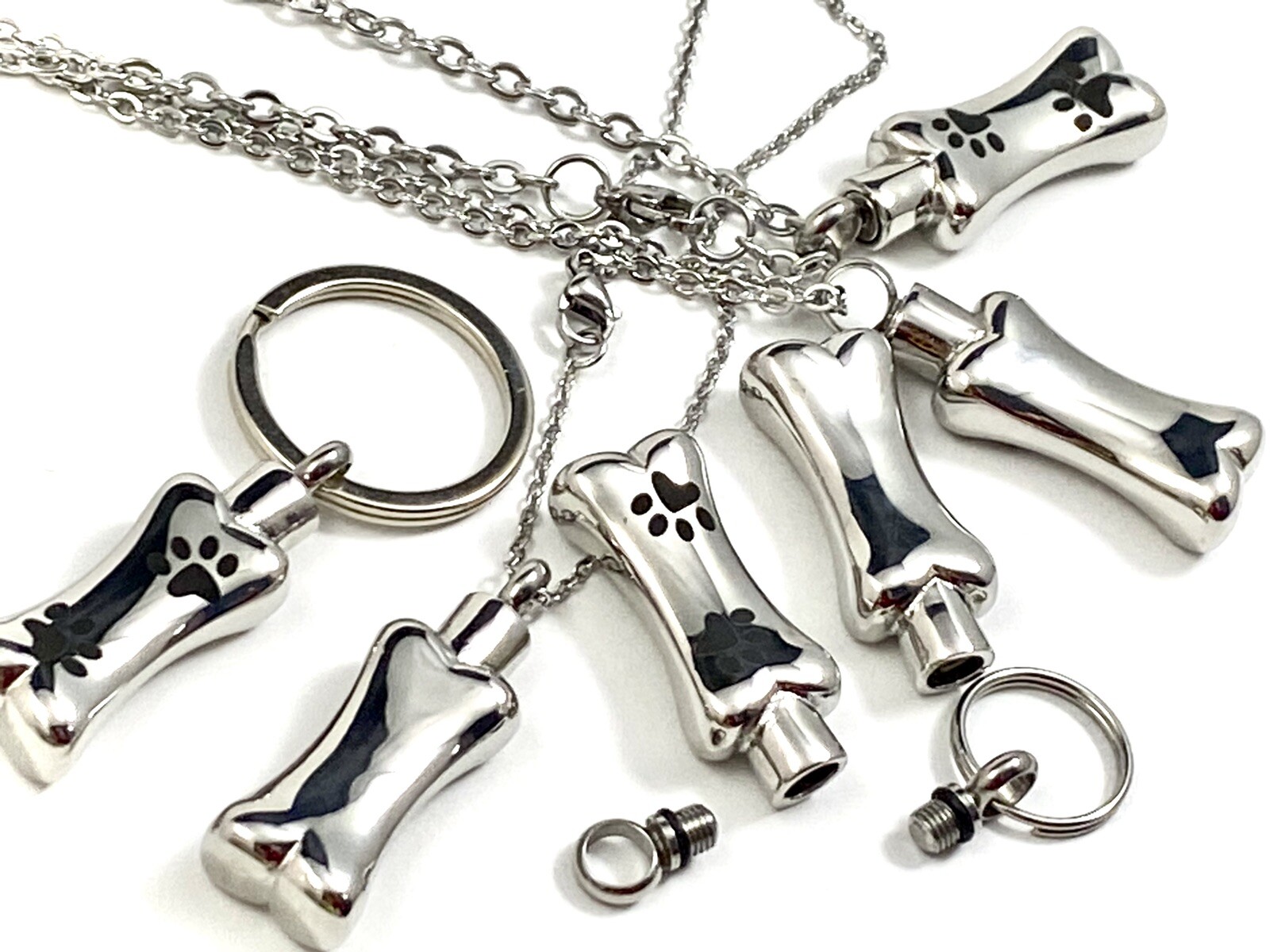 Dog Cremation Pendant Urn Keychain 1″ Key Ring for Ashes Pet Bone Silver Gift