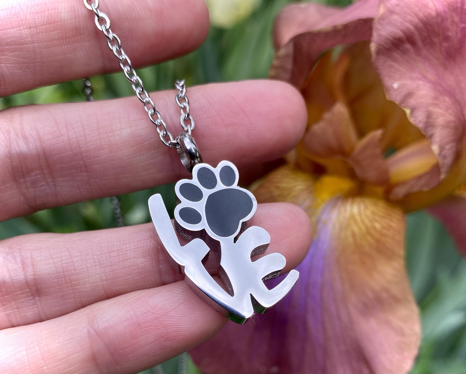 Pet Cremation Pendant Urn Keychain 1″ Key Ring Dog Cat Ashes LOVE Pawprint Word