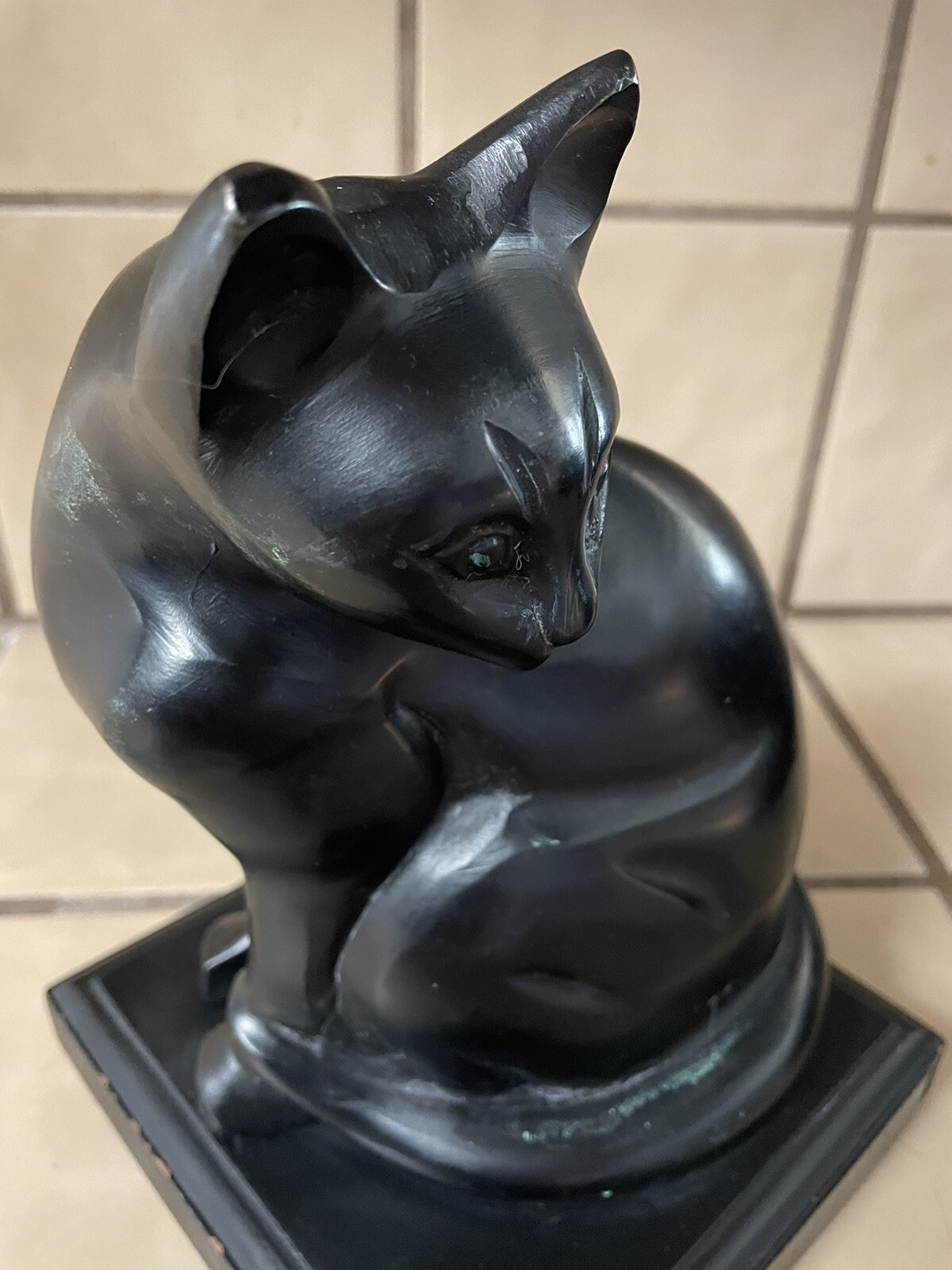 CAST IRON KITTY CAT FIGURINE MEMORIAL IN LOVING MEMORY STATUE W/ STAND