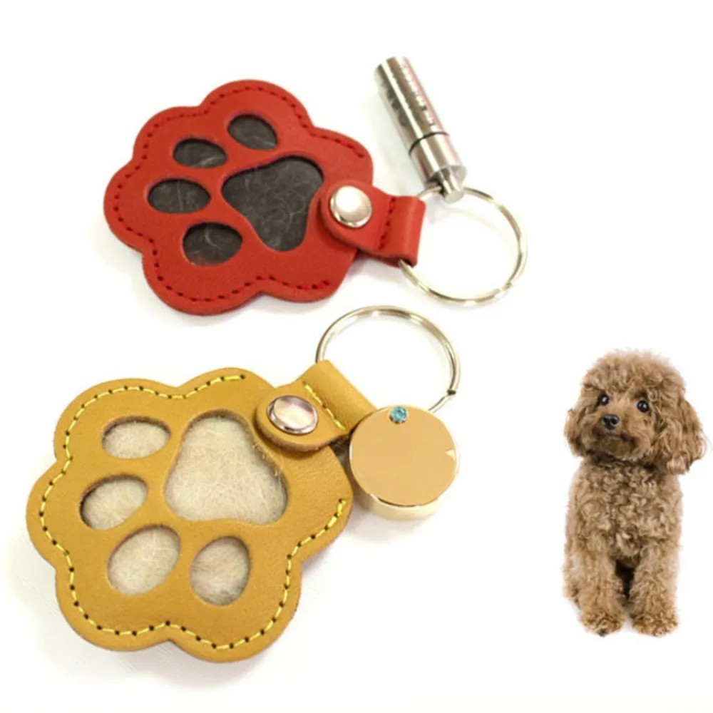 Pets Hair Memorial Keepsake Keychain PU Leather Dog Cat Storage Pouch Bag Charm