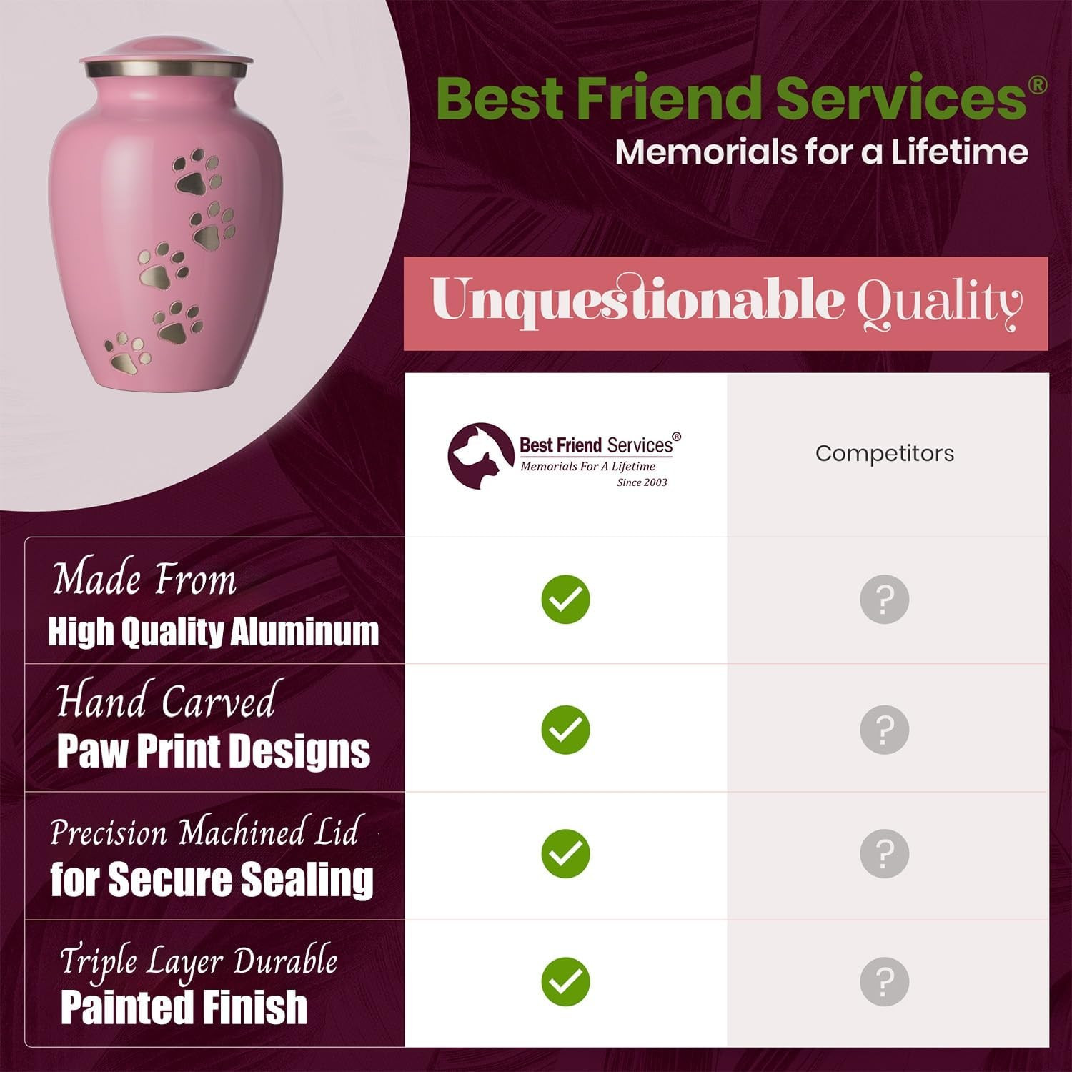 Pet Urn for Dogs Aluminum Memorial Cremation Urn (Large – Pets up to 115lb) Pink
