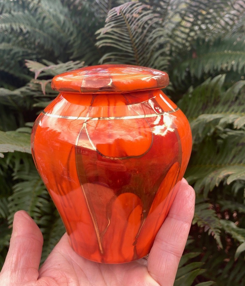 Handmade Ceramic Cremation Urn in Poppy, small size for pet ashes, 50 cubic inch