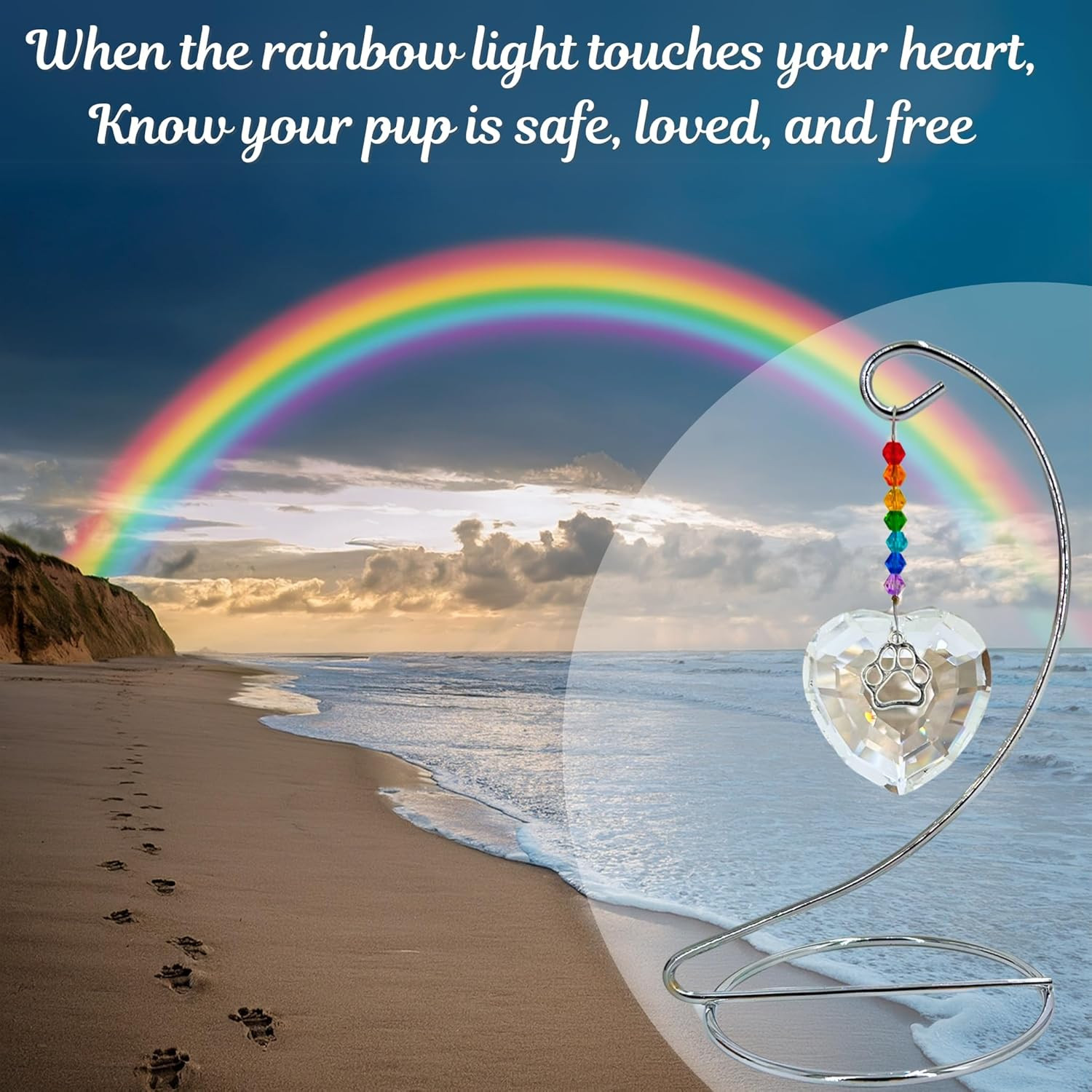 Dog Memorial Gifts Loss of Rainbow Bridge Crystal Heart Paw Suncatcher Pet Dogs