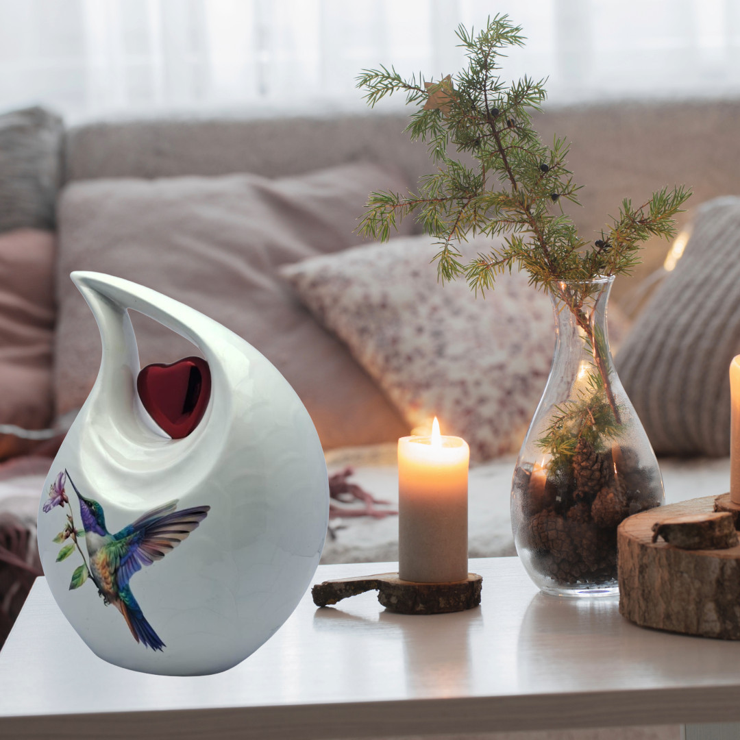 Metal Hummingbird White Teardrop Cremation Urn for Human Ashes Male & Female