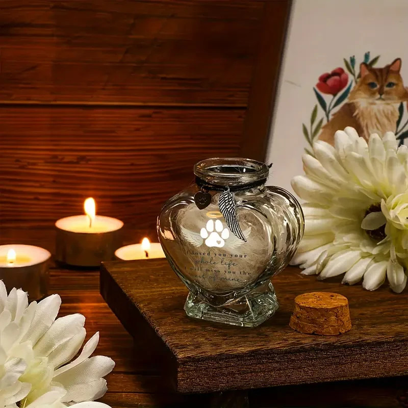 Glass Pet Fur Keepsake Jar – Wing & Paw Print Memorial Urn