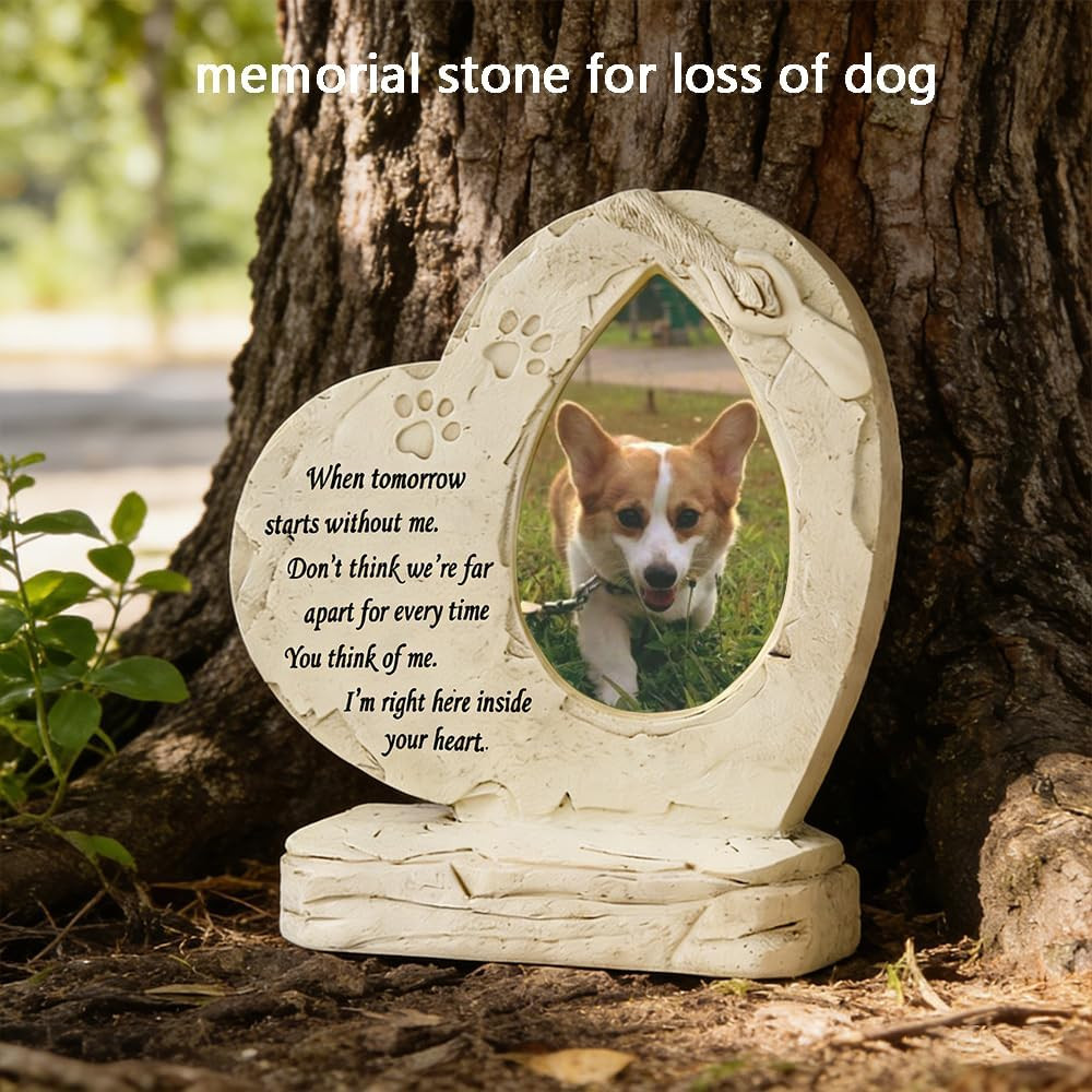 Heart Shaped Pet Dog Memorial Stones with Photo Frame, Pet Headstones Stones fo