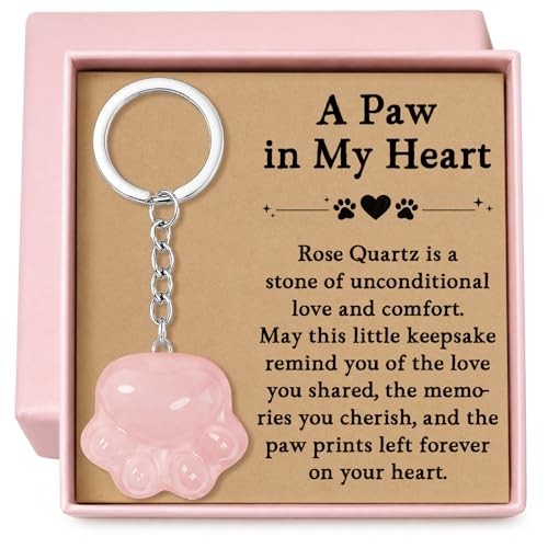 Pet Loss Sympathy Gift – Rose Quartz Paw Keychain, Healing Crystal Pocket Pink