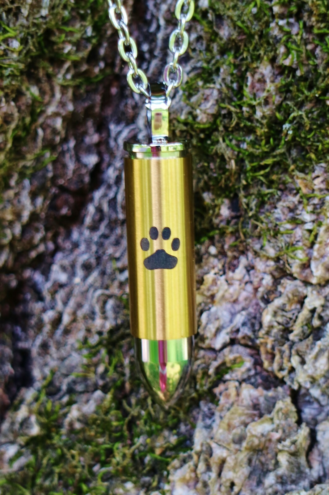Mens Bullet Cremation Necklace Pendant Urn 4 Ashes LARGE VIAL Pet Paw Print Dog