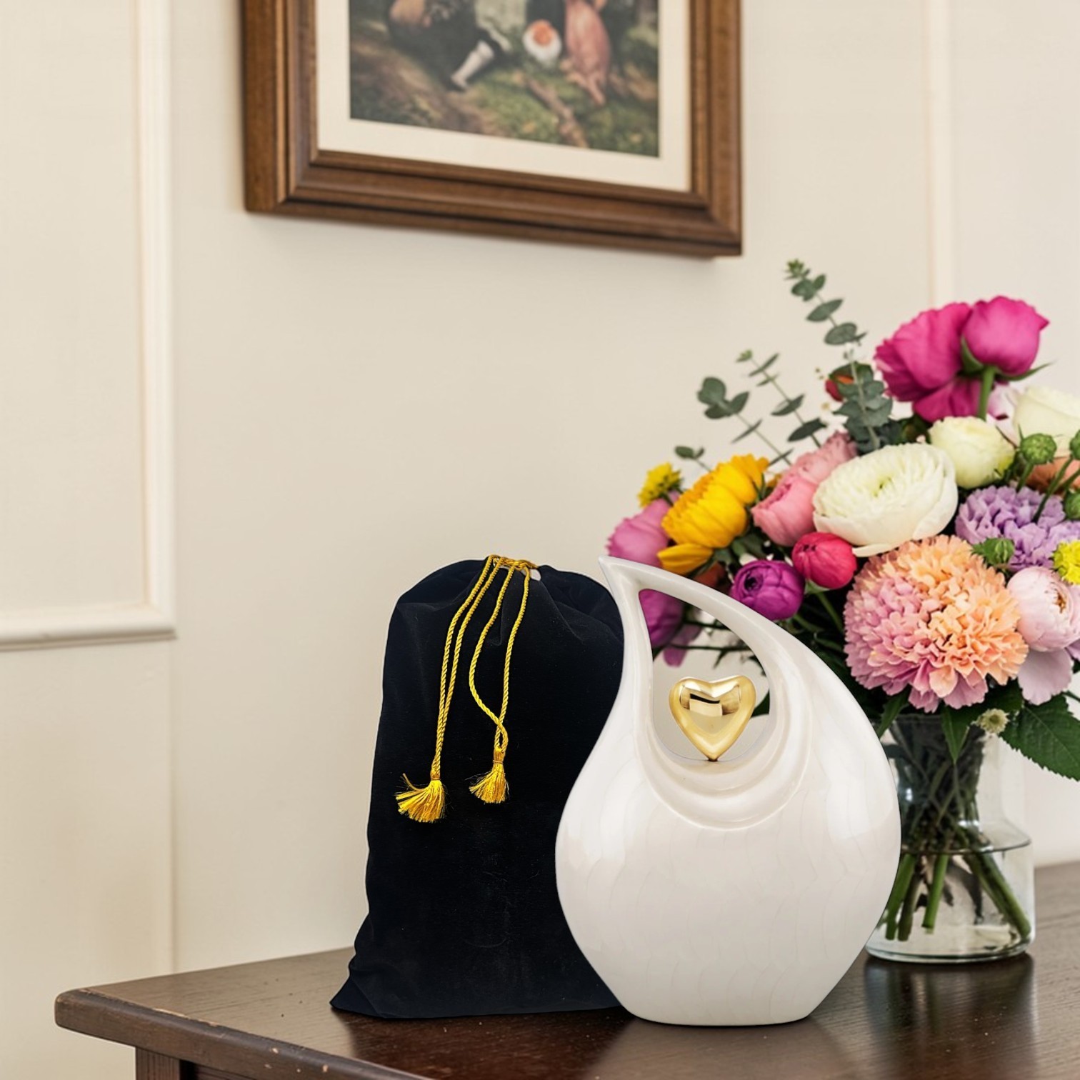 Personalized White Teardrop for Human Ashes Gold Heart Cremation Memorial Urn