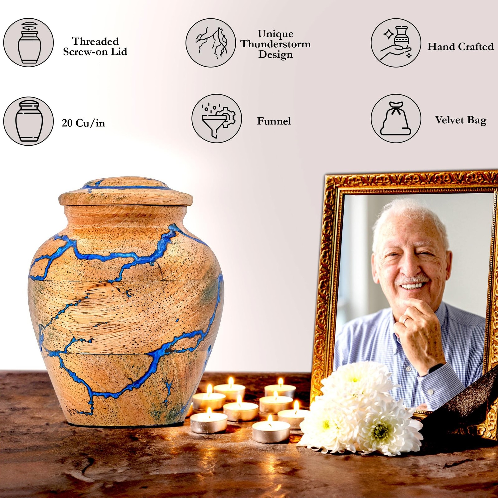 Unique Wooden Urn for Human Ashes Adult Male & Female, Blue Epoxy Resin Handm…