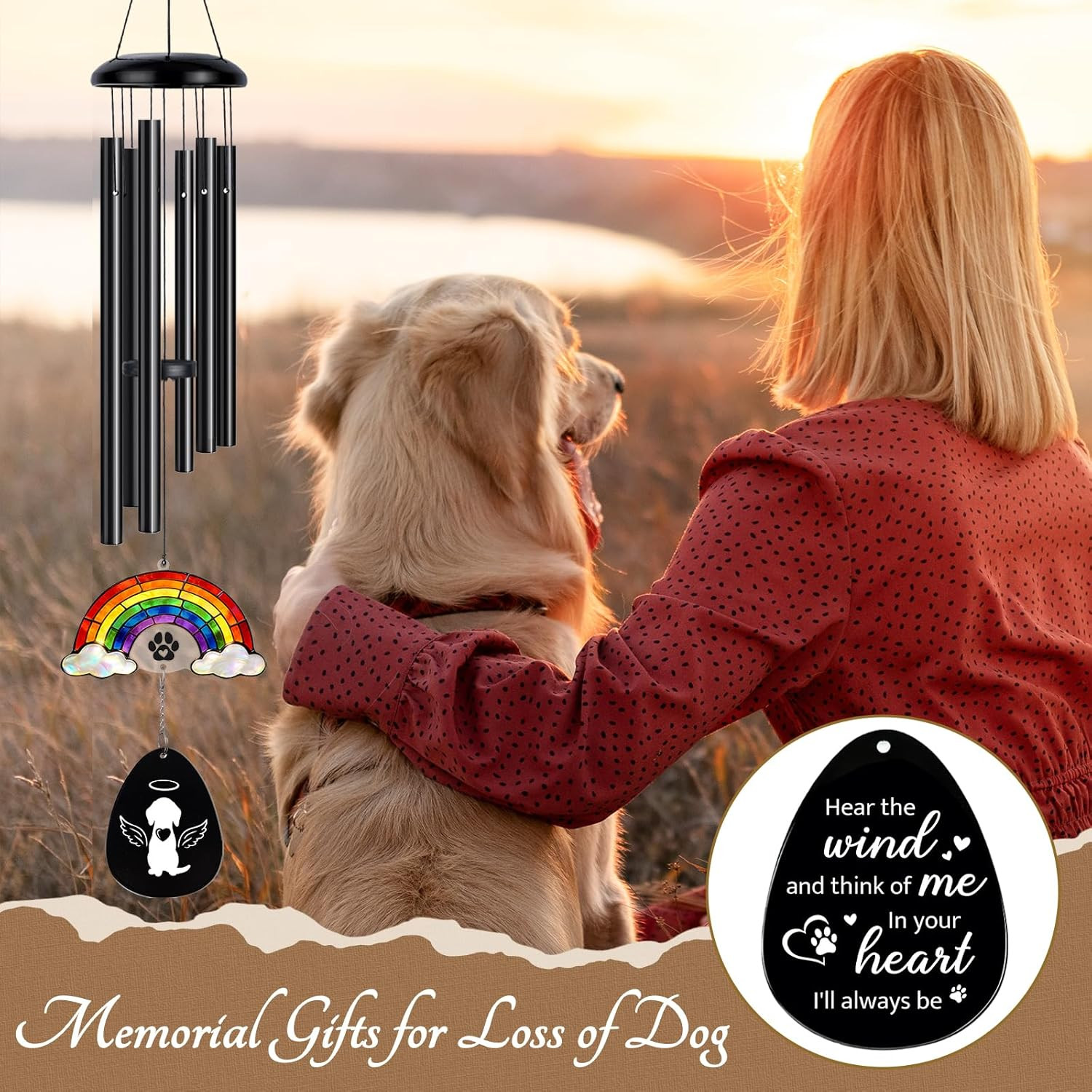 Dog Memorial Gifts for Loss of Dog, 29.9″ Pet Memorial Wind Chimes, Rainbow Brid