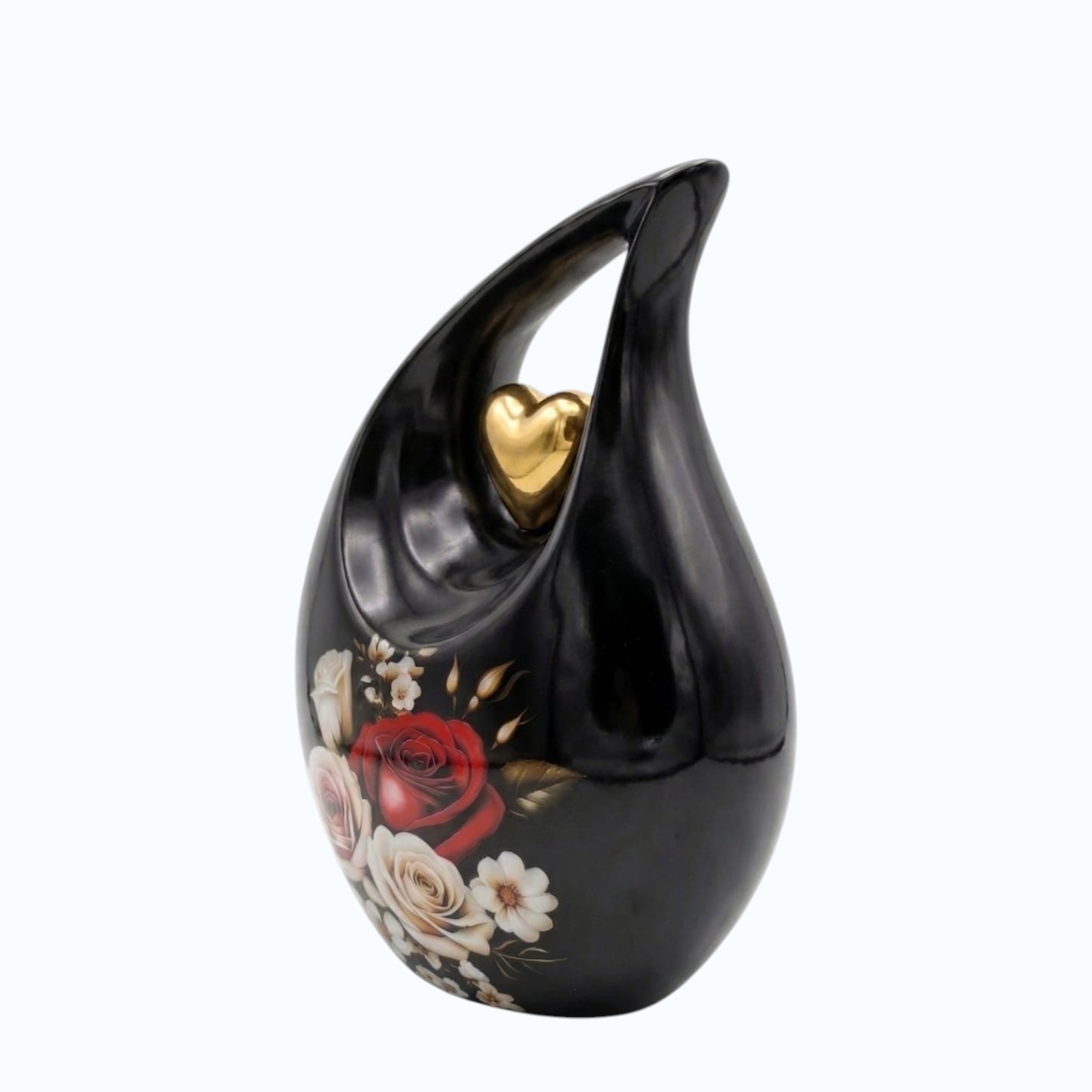 Black Teardrop with Golden Heart & Flower Print Urn for Ashes Men Women w/ Bag