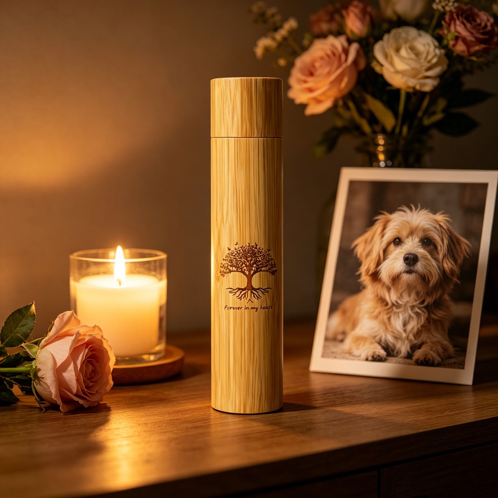 Bamboo Pet Urn for Dog/Cat Ashes, Tree of Life Engraved Memorial Container