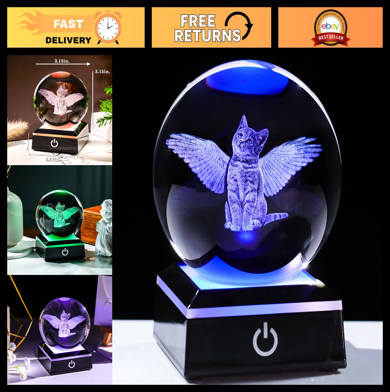 3D Cat Memorial Gift with LED Base – Angel Wing Crystal Ball for Cat Lovers, Sym