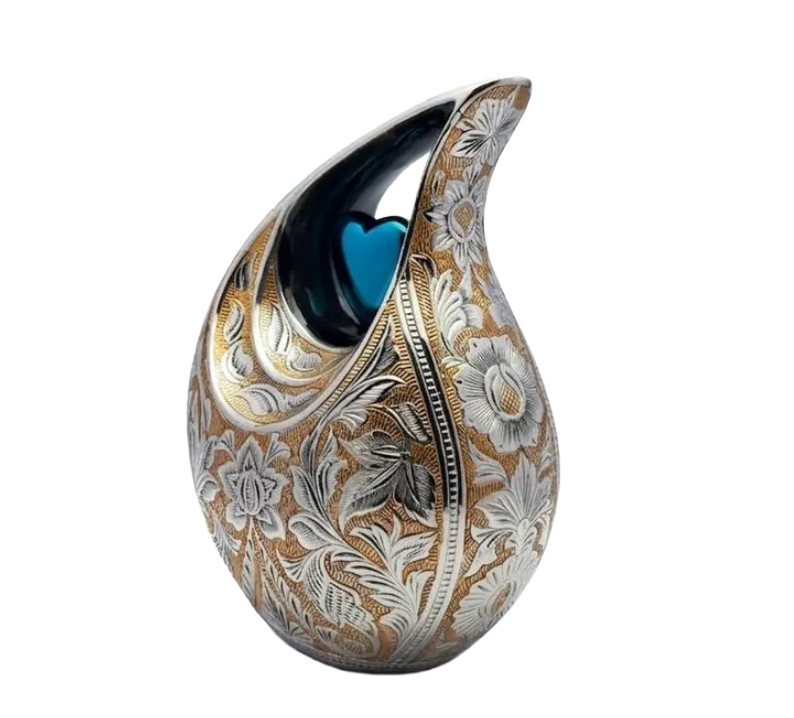 Elegant Teardrop Cremation Urn Hand-Engraved Aluminum with Teal Heart Accent