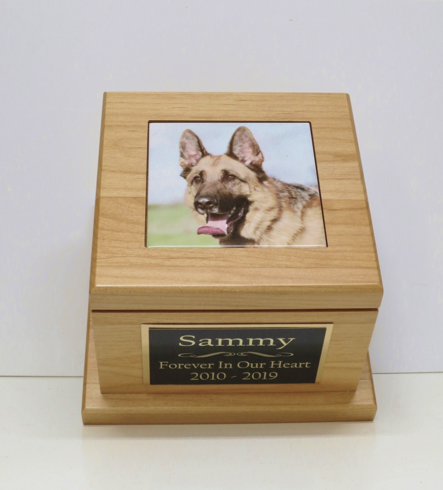 Beautiful Red Alder Large Dog Pet Urn Custom Tile Photo & Engraved Tag