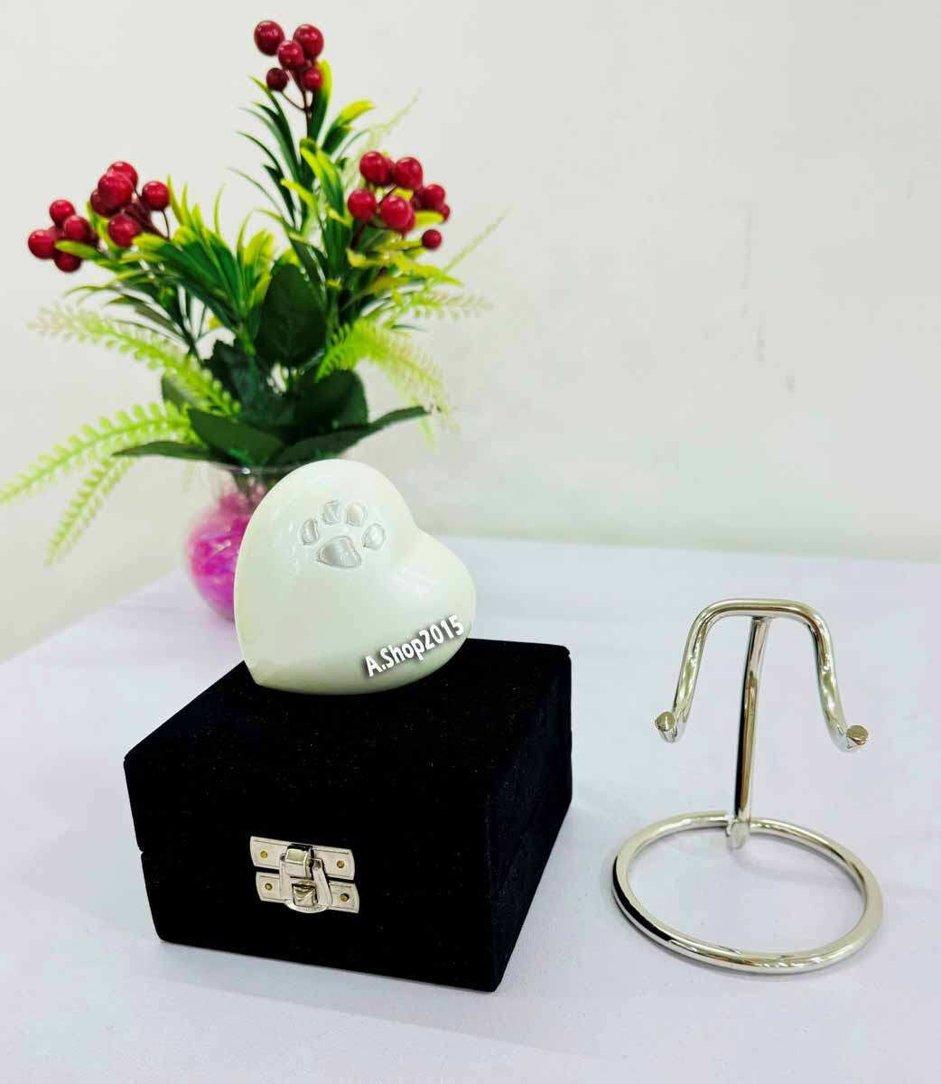 Cremation White Heart Urn for Ashes Memorial Mini Foot Print Urn w/Stand & Box