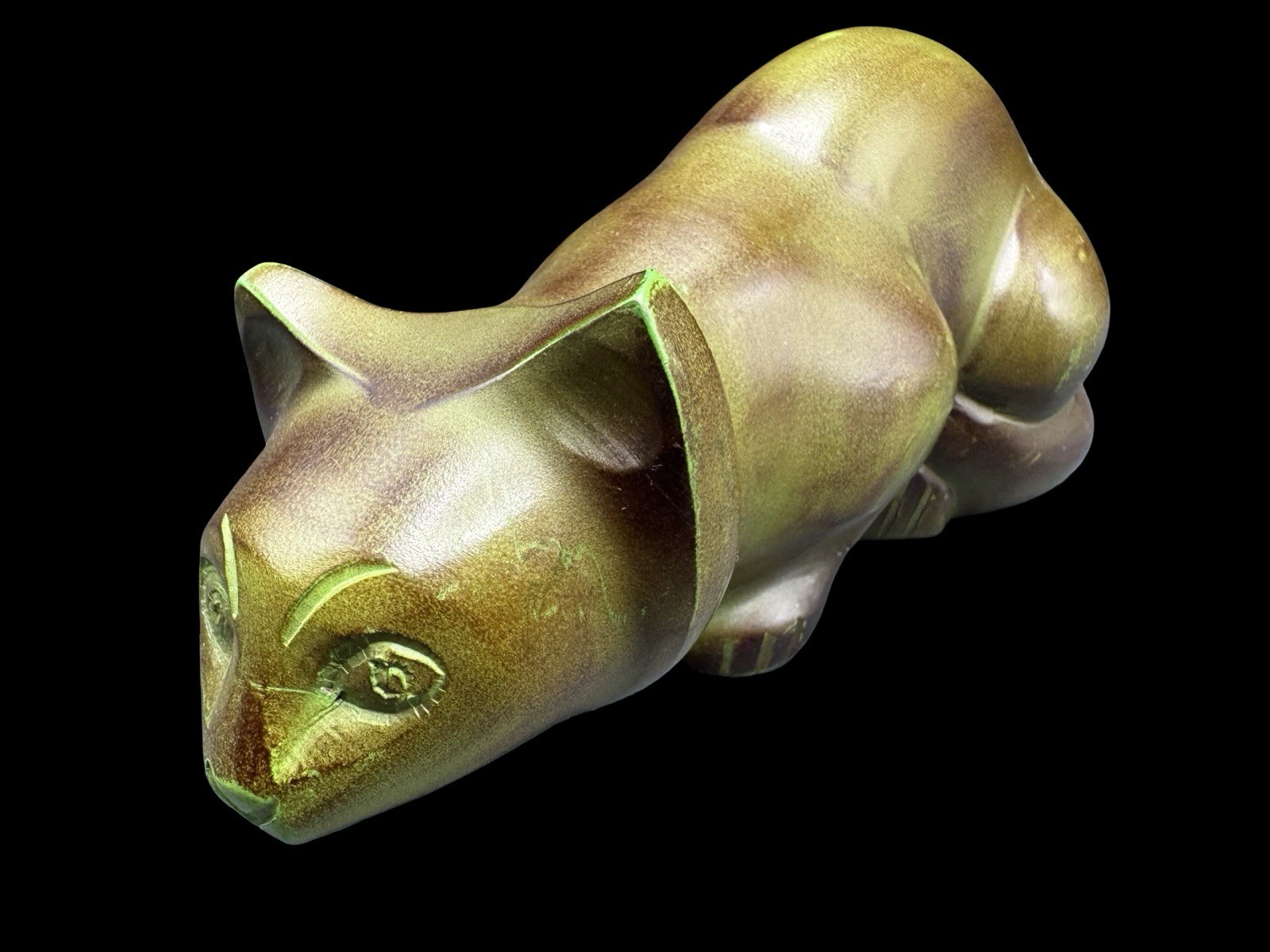 Vintage Cat Metal Urn Statue Display 9″ Green Yellow Patina