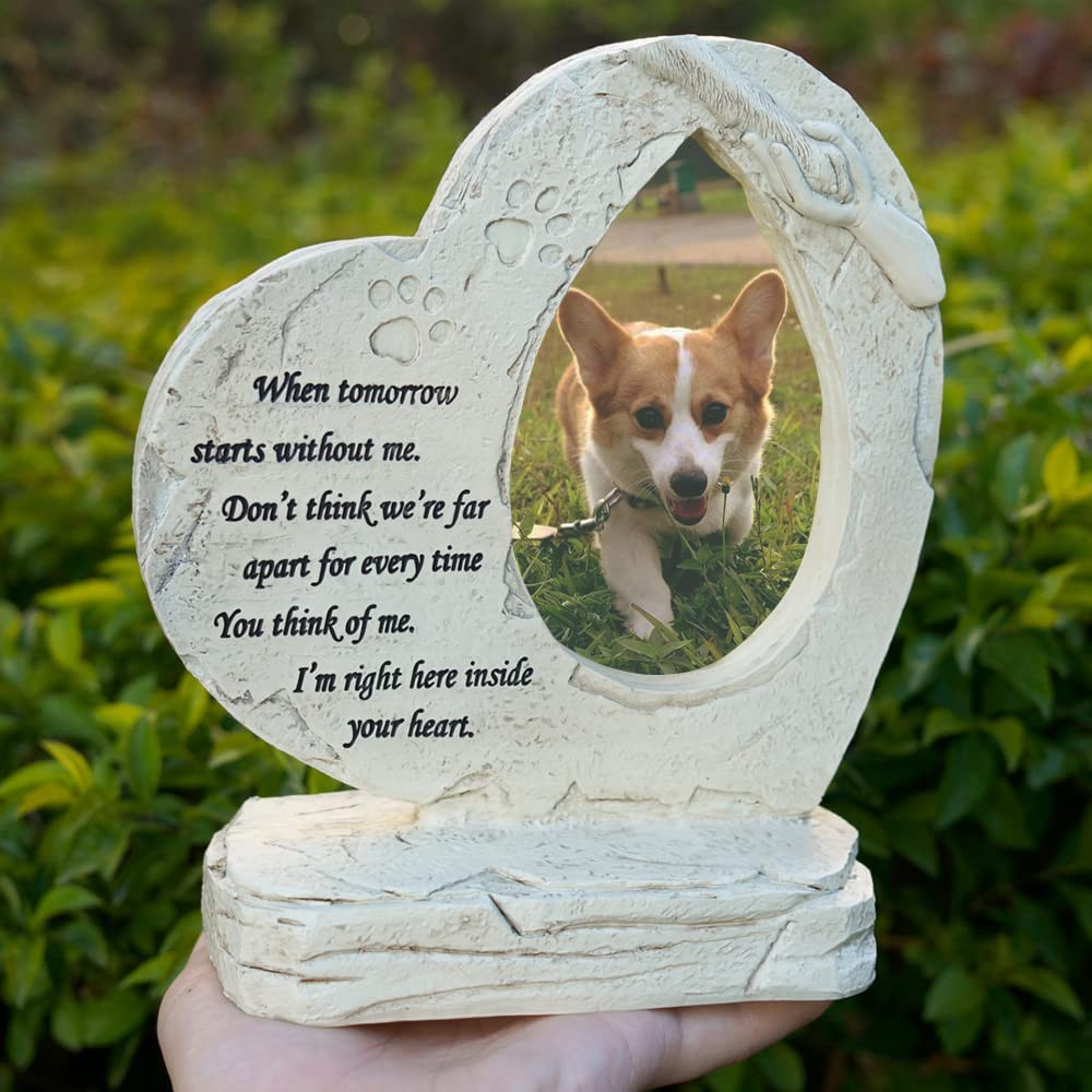 Heart Shaped Pet Dog Memorial Stones with Photo Frame, Pet Dog Headstones Grave