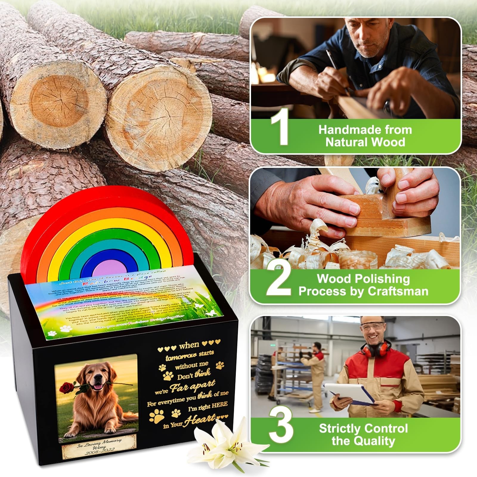 Handcrafted Wooden Rainbow Bridge Pet Urn for Dog/Cat Ashes, Memorial Keepsake B