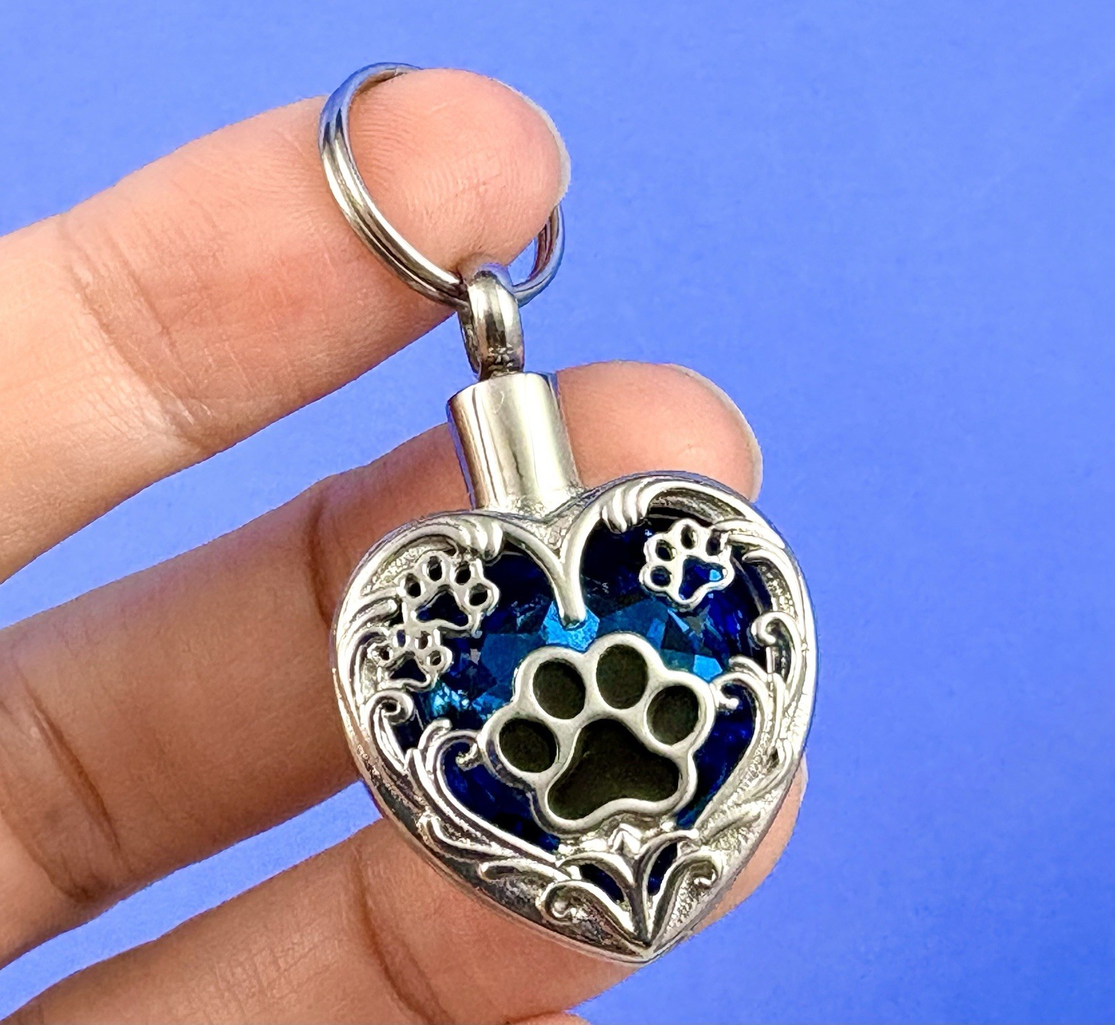 Paw Print Cremation Pendant Urn Keychain 1″ KeyRing Ash Dog Cat Pet Cobalt Blue
