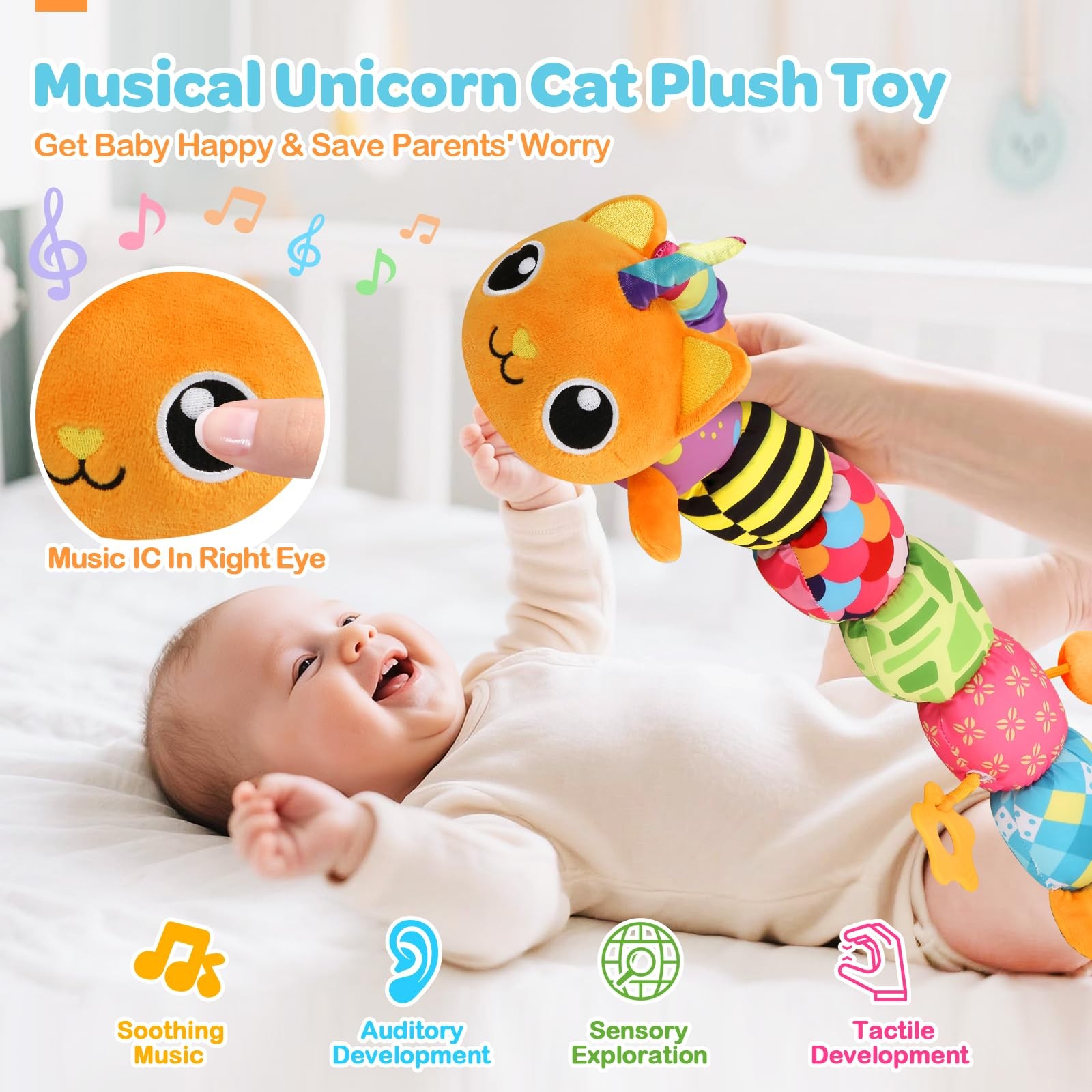 Baby Sensory Musical Stuffed Animal Toy 0-12 Months Infant Unicorn Cat Plush