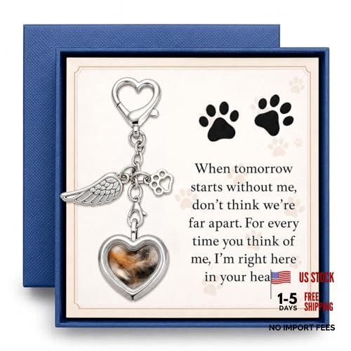 Pet Fur Keepsake Sympathy Gift, Dog Cat Memorial Locket Keychain with Card &