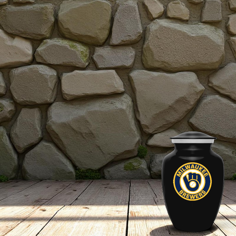Milwaukee Brewers Baseball Style Cremation Urn Adult Ashes Black Metal 8 In Urns