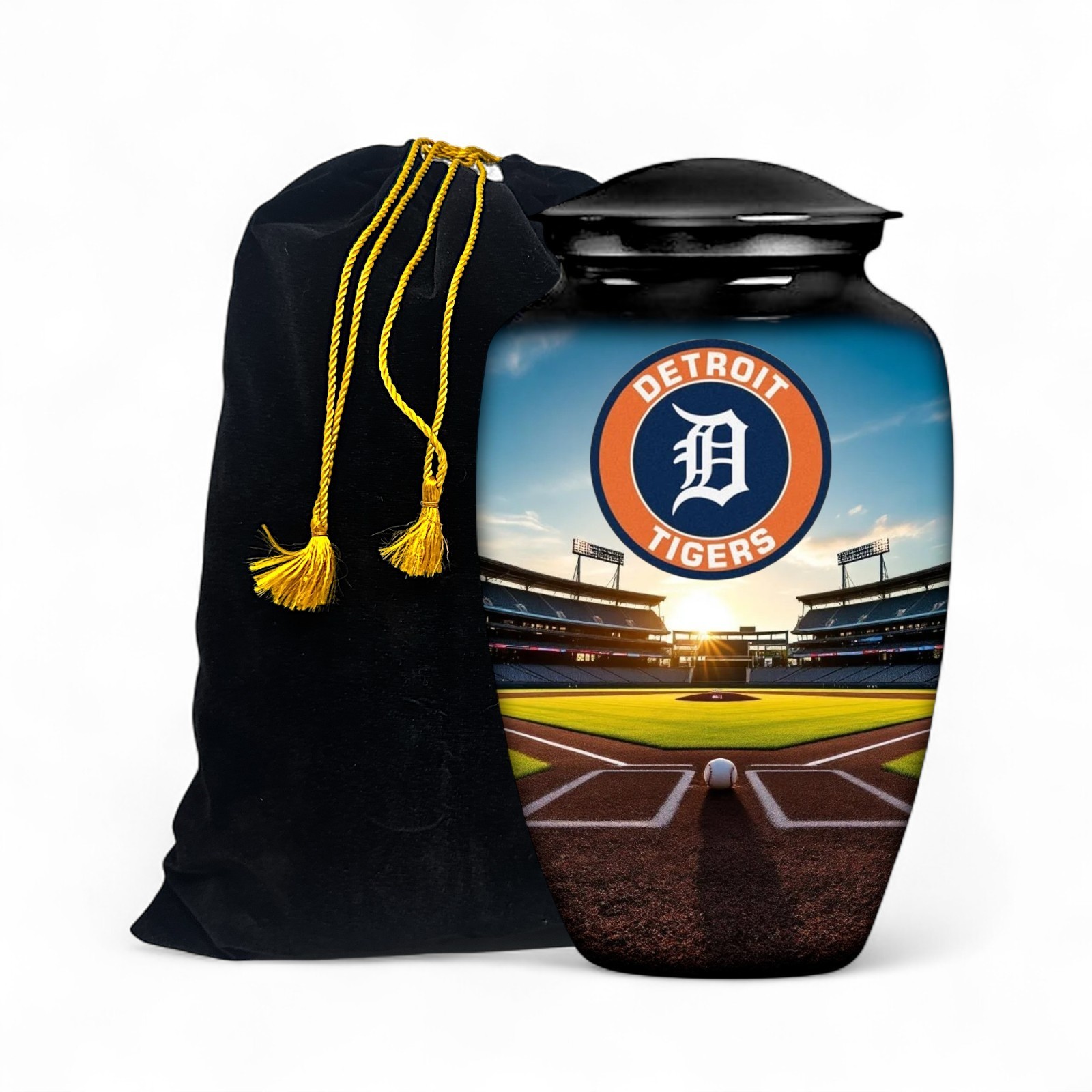 Black Large Baseball Theme Detroit Tigers Cremation Urn Adult Human Ashes w/Bag