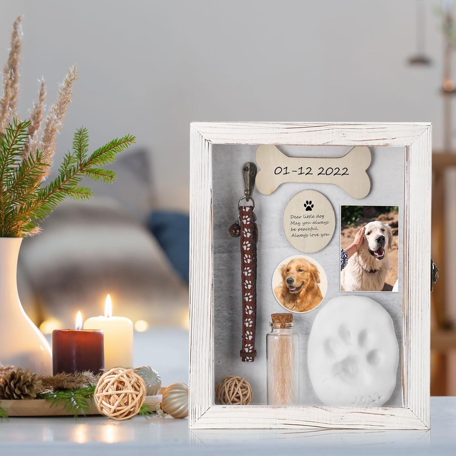 Pet Memorial Shadow Box for Dog Cat with Wood Picture Frame Pet Print Kit Urn…