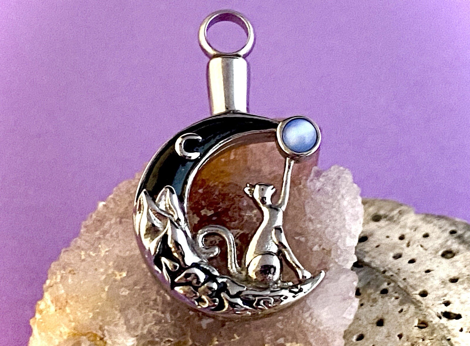 Cat Moon Stone Cremation Necklace Holds Ashes Urn Pendant Jewelry Gift Kitty Lov