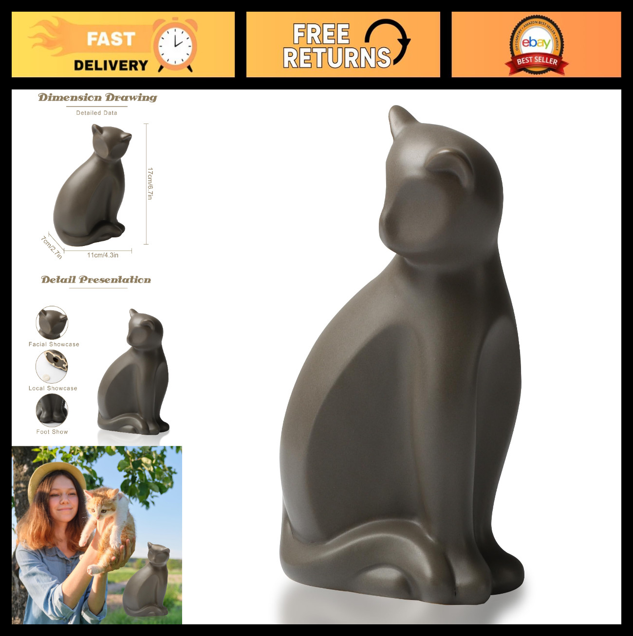 Elegant Ceramic Pet Urn for Cats – Small Brown Keepsake Memorial Box with Seal K