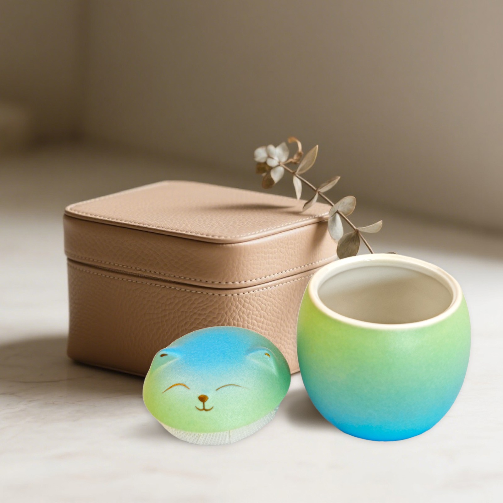 Smiley Cat Shaped Pet Urn Blue-Green Gradient For Small Dog And Cat Ashes(M)