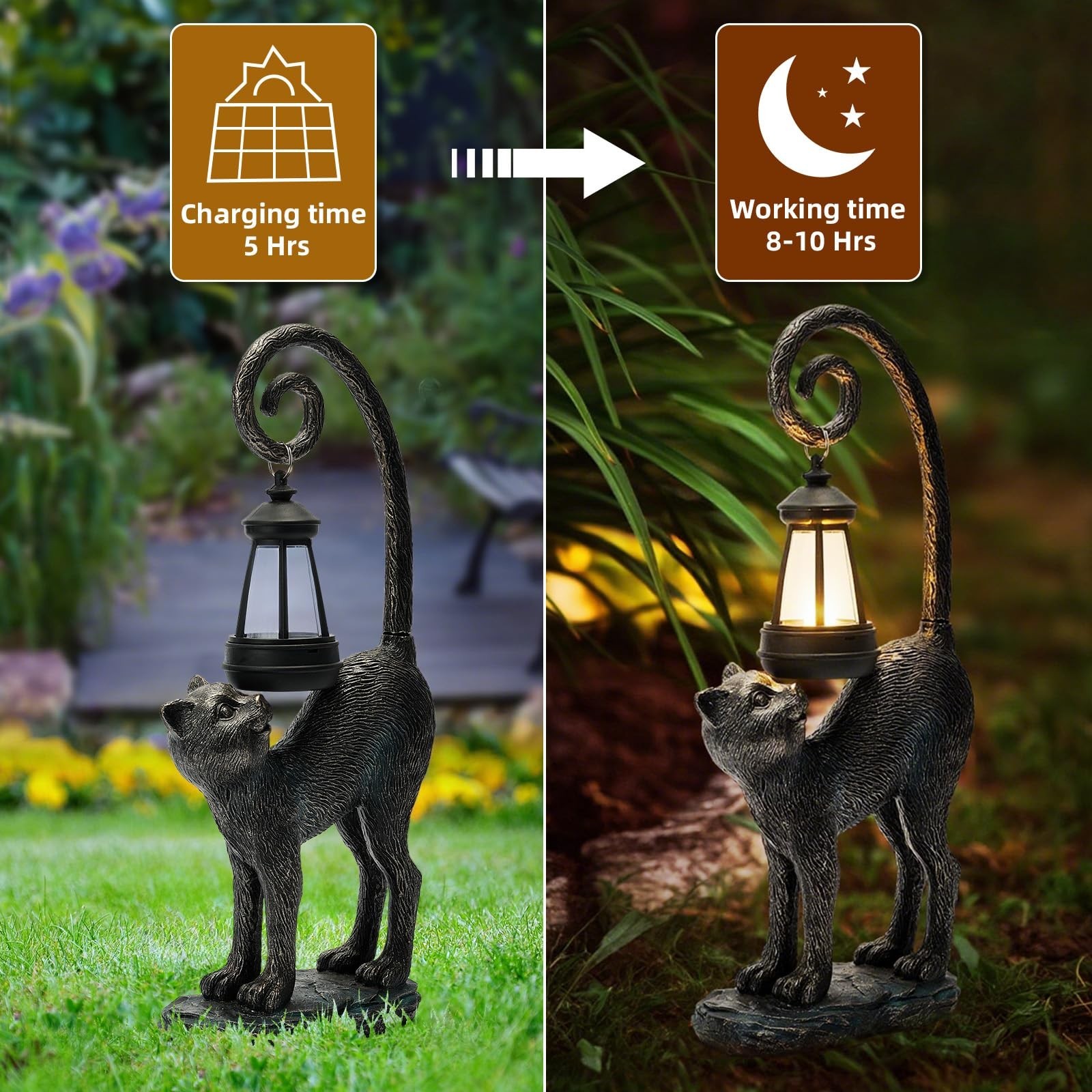 Solar Cat Garden Decor Outdoor Statue – Cat with LED Waterproof Sculptures Li…