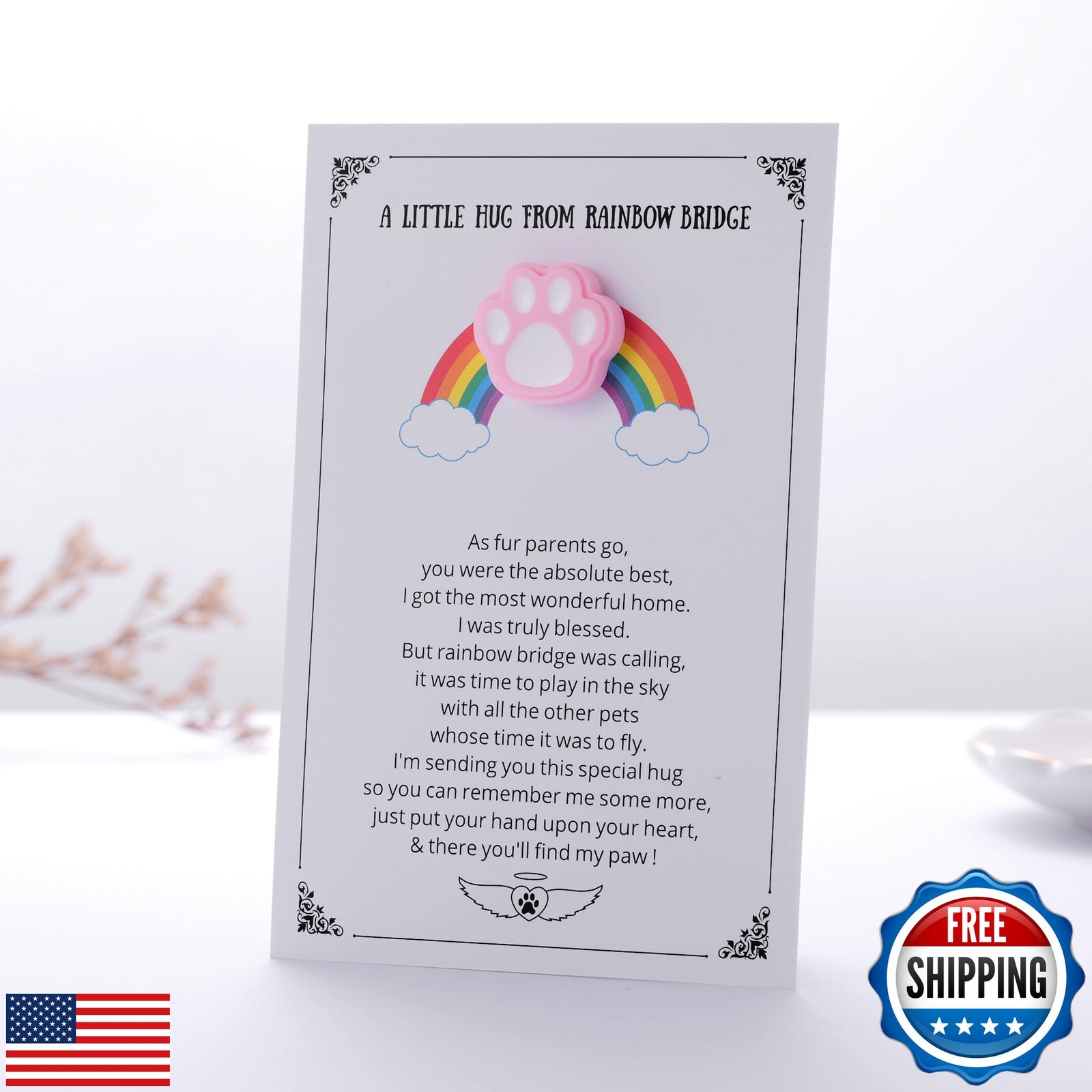 Pet Memorial Keepsake, Rainbow Bridge Pocket Hug with Paw Print Token, Sympat