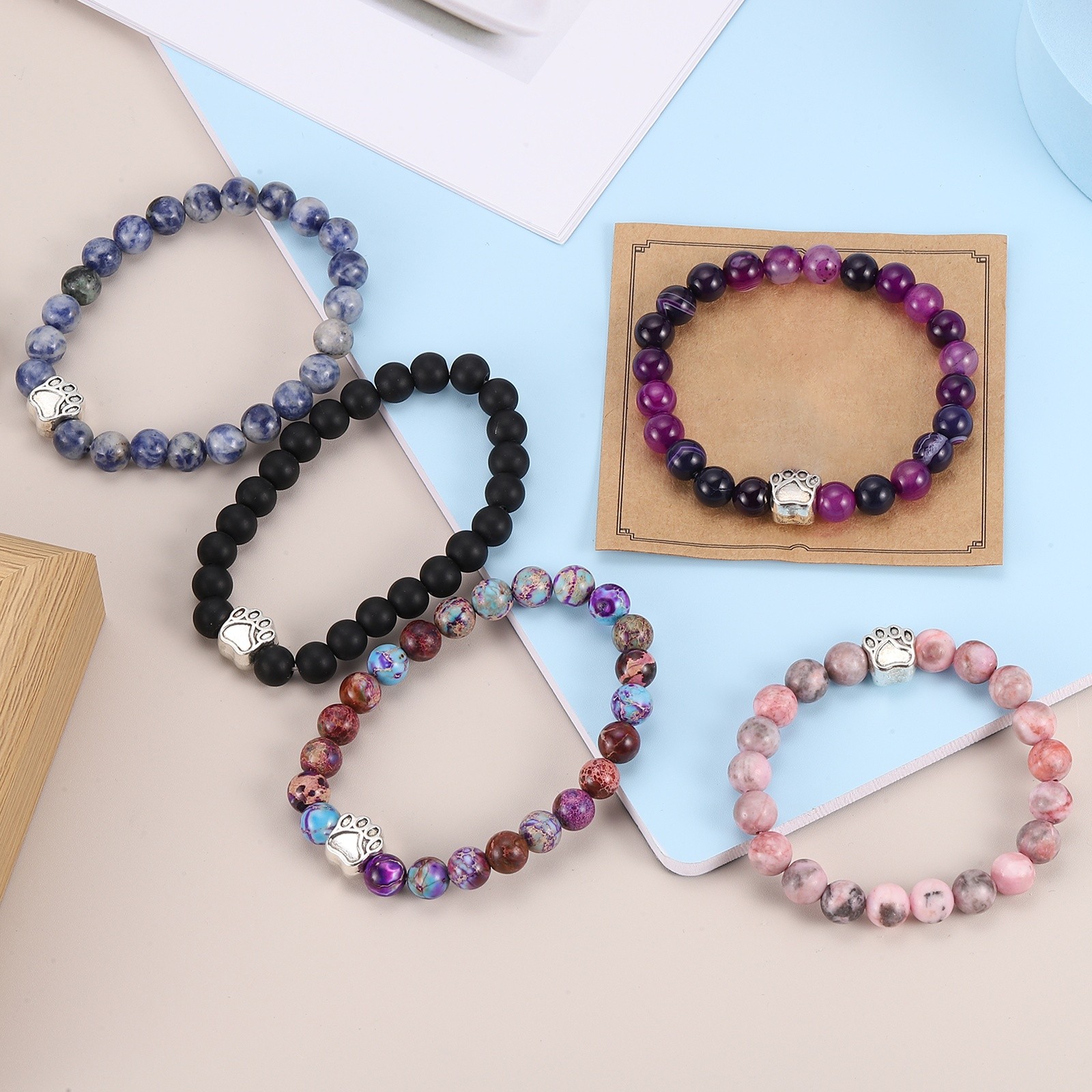 Stone Paw Bracelet,Paw Print Dog Mom Memorial Bracelet,Matte Black
