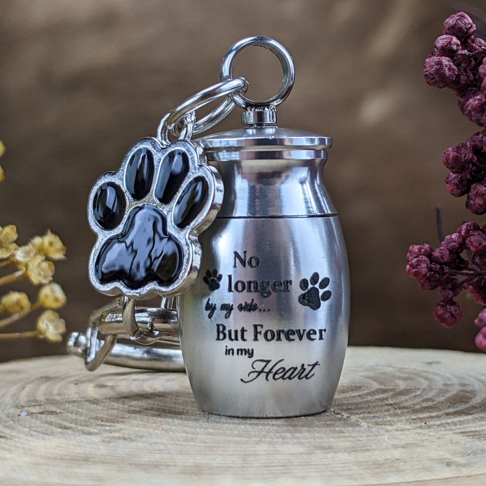 urn26 Miniature blk ashes urn & Pet Paw charm Metal Cremation keychain mourning