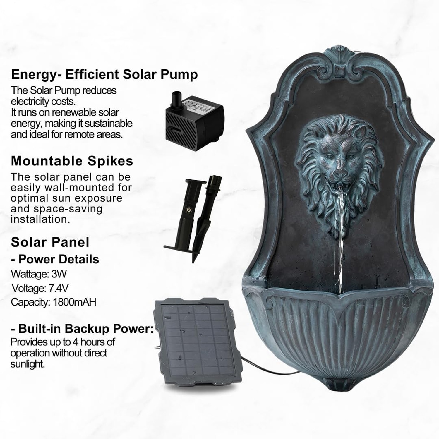 XBrand 30″ Solar-Powered Wall-Mounted Lion Head Fountain, Resin, Outdoor, Gray