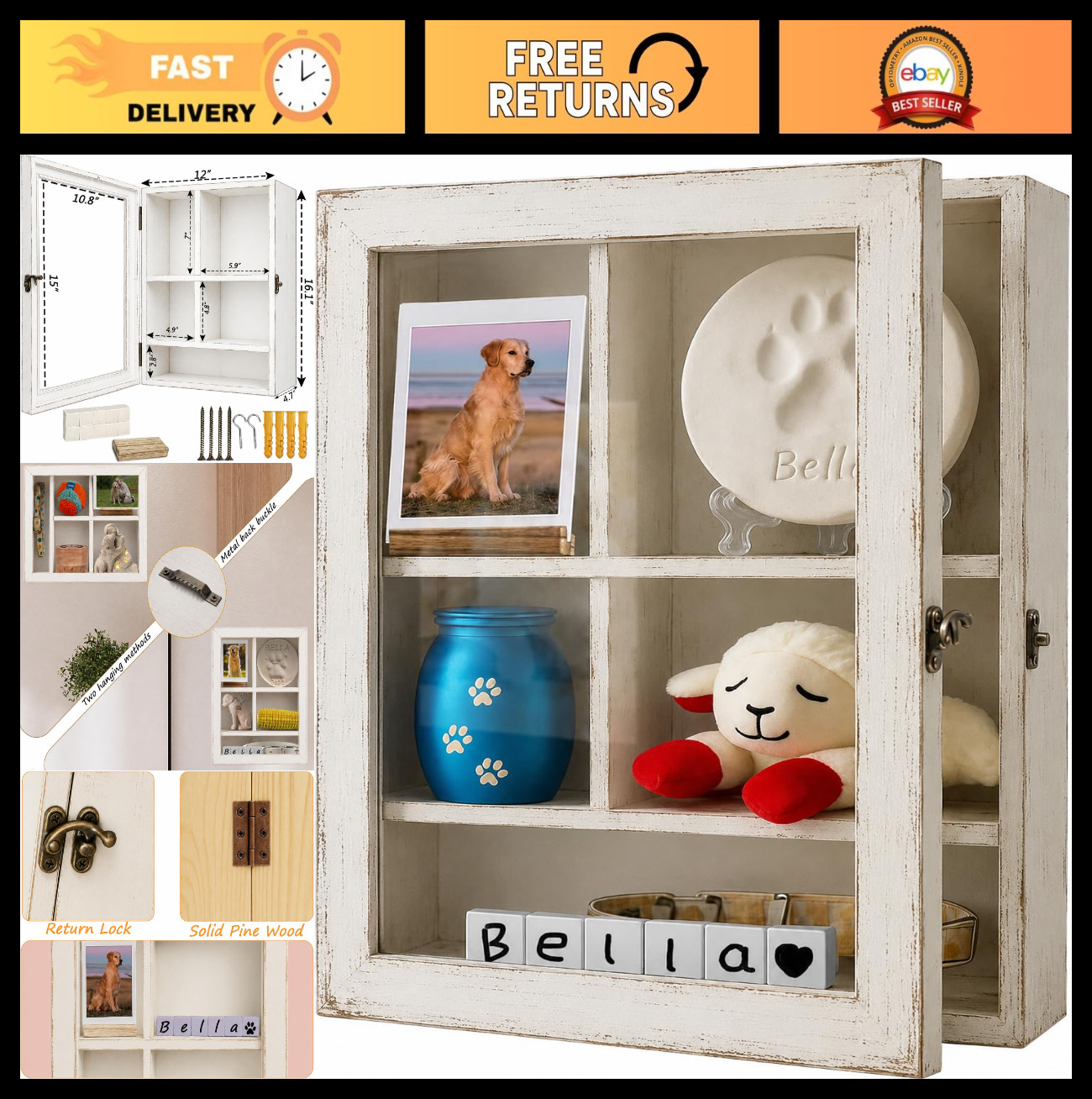Pet Memorial Shadow Box – 12×16″ Solid Wood Display Case, Adjustable Shelves, Pe