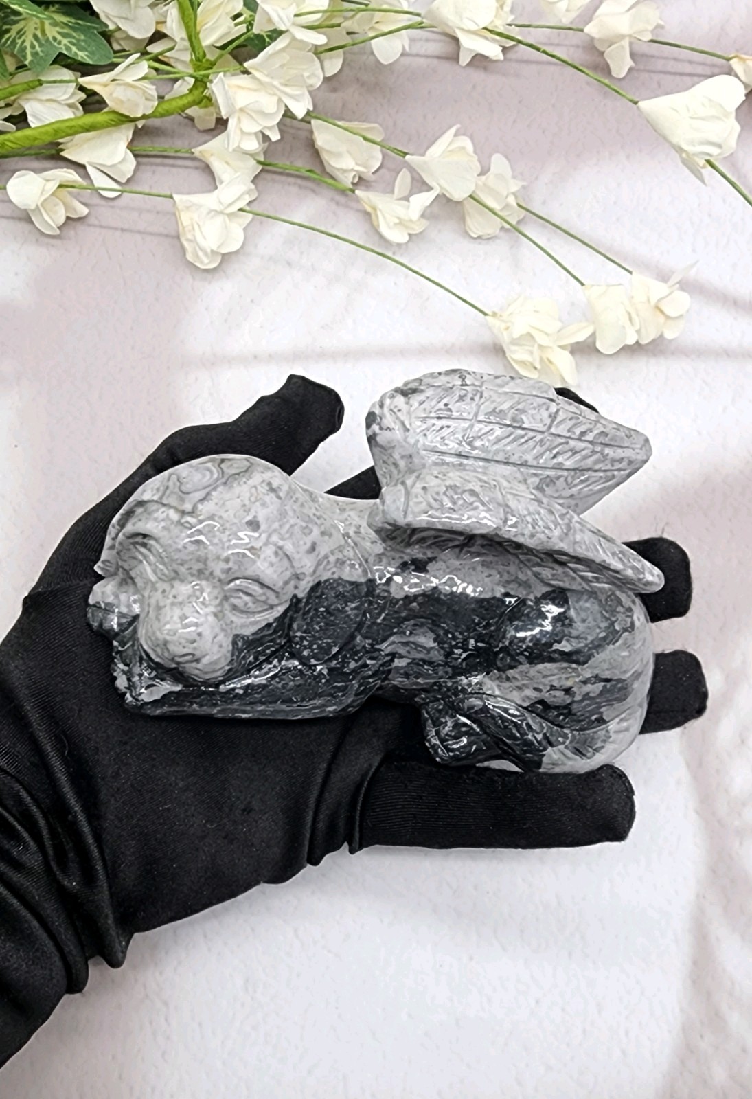 Picasso Jasper, Winged Angel Dog, Pet Memorial, Pet Loss Gift, Gemstone Carving