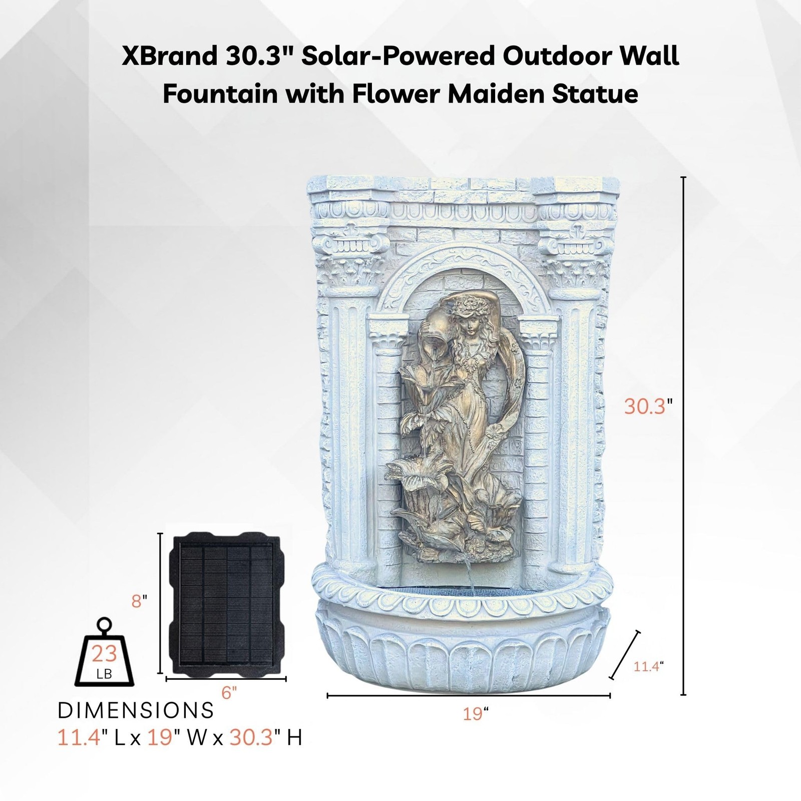 XBrand 30.3″ Solar Outdoor Wall Water Fountain with Gold Flower Maiden Statue…